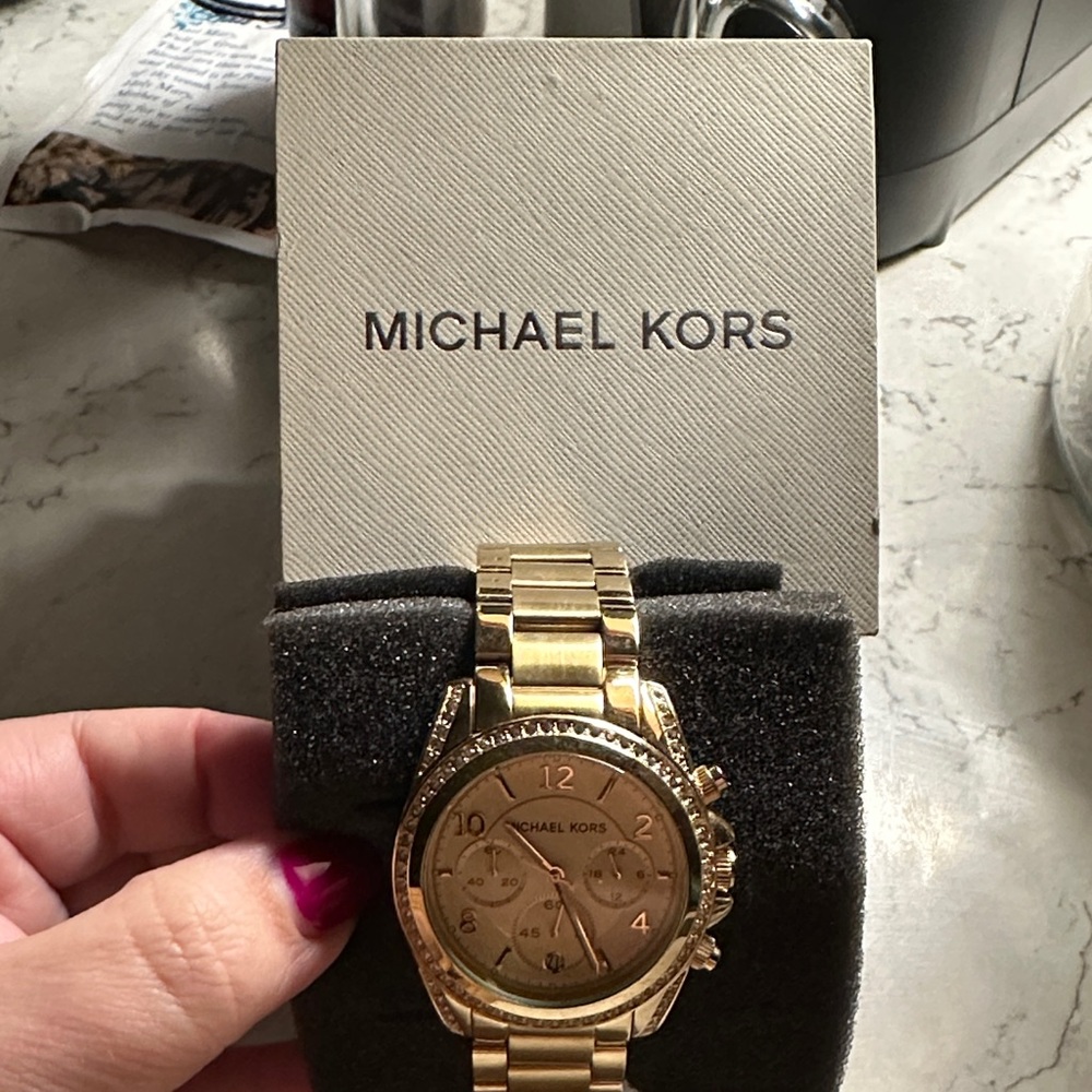 Michael Kors Gold Tone Crystal-Trim Chronograph Bracelet Watch - Picture 2 of 5